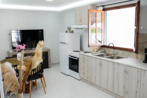 a kitchen with a white refrigerator and a sink at Gridia Apartment in Chios