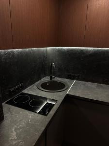 a kitchen with a sink and a counter top at Skersgatvio Apartmentai in Zarasai
