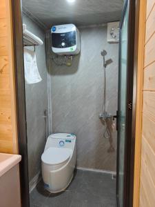 a small bathroom with a toilet and a shower at GiGi's Homestay & Coffee in Phú Xá