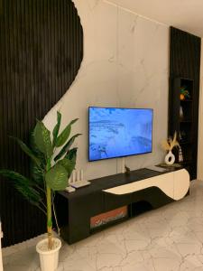 a living room with a television and a potted plant at Iconic lux living in Malindi