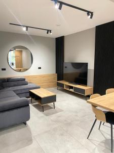 a living room with a couch and a television at Platinum Apartment in Wałbrzych