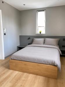 a large bed in a bedroom with a window at Platinum Apartment in Wałbrzych