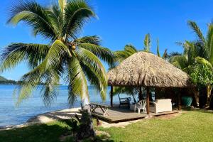 a hut with a palm tree next to the water at Villa Ohana - 4BR Beachfront Villa in Paopao +48 photos
