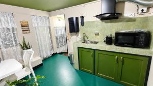 a small kitchen with green cabinets and a green floor at Cozy corner Homestay in Mawphlang +10 photos