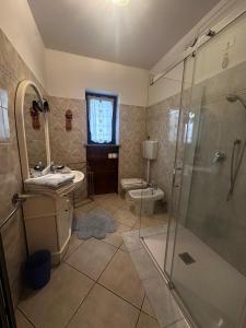 a bathroom with a shower and a toilet and a sink at La Magnolia in Magenta