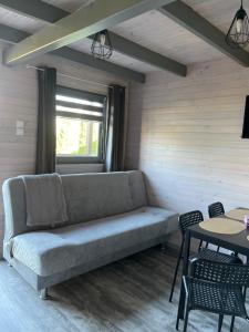 a living room with a couch and a table at Domki Na Skraju in Stegna