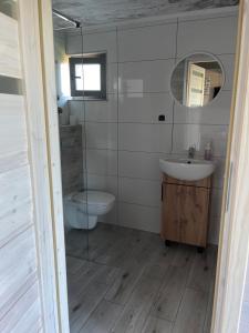 a bathroom with a toilet and a sink and a mirror at Domki Na Skraju in Stegna