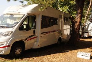 a white truck parked next to a tree at Maszoperia Sun4Hel Działka kamperowa in Jastarnia