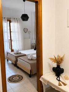 a bedroom with two beds and a mirror at Villa Evgenia(Leonidas) in Ierissos +11 photos