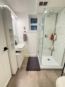 a bathroom with a shower and a sink at The Orange Door Bungalow- 2-BR w private yard, walkable to cafes & restaurants, 10 min to DT in Vancouver +42 photos