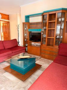 a living room with a red couch and a tv at Xenia Apartments in Vasiliki