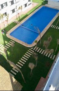 an overhead view of a swimming pool with palm trees at Chic apartment with secure pool in Oued Laou