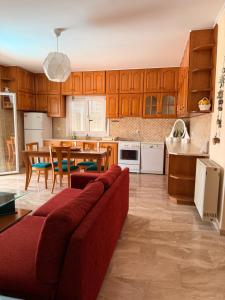 a living room with a red couch in a kitchen at Xenia Apartments in Vasiliki