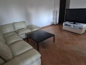 a living room with a couch and a flat screen tv at Comfortable apartment with mountain views in Ghisonaccia