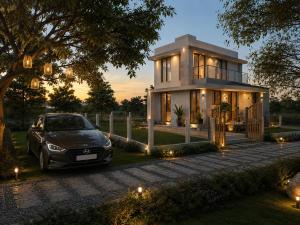 a car parked in front of a house with lights at Auravista in Pālghar