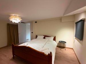 a bedroom with a large bed and a flat screen tv at Duplex Hause in Telavi