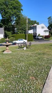 a park with two benches and a fountain in the grass at Minimal 1bed APT basement with free parking in Yonkers