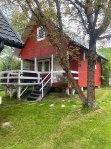 a red house with a white porch and a tree at Domki że Hej Bieszczady in Ustrzyki Dolne