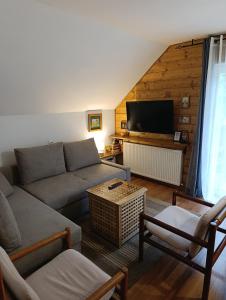 a living room with a couch and a tv at Jefimija in Jasikovice