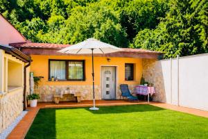 an umbrella in the yard of a house with a table at Chez Fifi in Surpierre