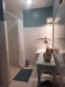 a bathroom with a table with a vase on it at Le Gite Boho in Vendeuvre-du-Poitou +9 photos