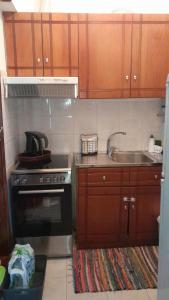 a kitchen with wooden cabinets and a stove and a sink at Chorefto Waves in Chorefto