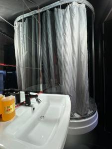 a bathroom with a sink and a shower curtain at City Mini Hotel in Chişinău