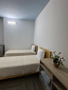 a bedroom with two beds and a table with a plant at The White Villa - Guest House in Bogovë