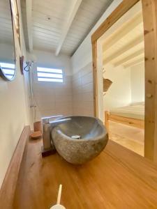 a bathroom with a large stone sink in a room at Charmant Bungalow Independant in Grand-Bourg