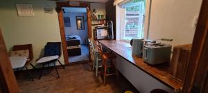 a kitchen with a counter top with a microwave at Tiny house im Wingster Forst in Wingst +11 photos