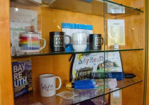 a glass shelf with mugs and books on it at Grunau Hotel in Bayreuth
