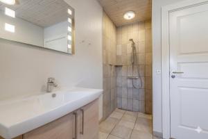 a bathroom with a sink and a shower at Fantastic Holiday Property Kragelund For Up To 24 Guests! in Åbybro +15 photos