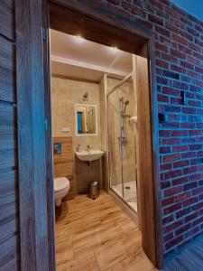 a bathroom with a toilet and a shower and a sink at Karczma Bełty in Glinno +73 photos