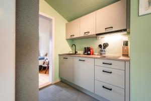 a kitchen with white cabinets and a counter top at Steinbockblick Maienfeld in Maienfeld