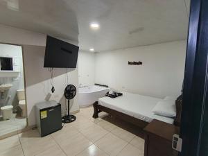 a bedroom with a bed and a bath tub and a television at Hotel Vegas Sergio in Medellín