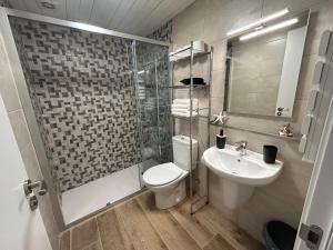 a bathroom with a toilet and a shower and a sink at Casa con parra de uva y paz in Grou +26 photos