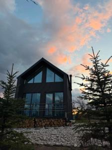 ein Haus mit Glasfenstern auf einem Hügel mit Bäumen in der Unterkunft EleS Chalet in Brebu