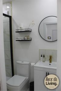 a bathroom with a toilet and a sink and a mirror at Lux Living No 6 Luxury 1-Bed Free Parking Oxford in Oxford