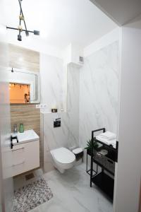 a white bathroom with a toilet and a sink at Izium Central Residence in Baia Mare +16 photos