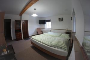 a bedroom with a bed and a television in it at Penzion Černý mlýn in Březová