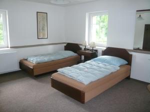 a bedroom with two beds and a table and two windows at Penzion Černý mlýn in Březová