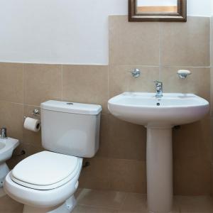 a bathroom with a toilet and a sink at Cabañas Pucara Taki in Tilcara +14 photos
