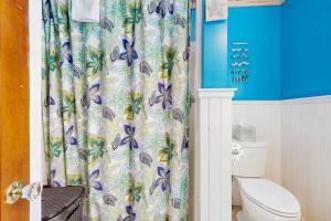 a bathroom with a shower curtain with a toilet at Sebago Shores Cottage in North Sebago +19 photos
