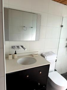 a bathroom with a sink and a toilet and a mirror at Santuario Lodge Arrayan in Lo Barnechea