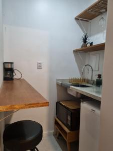 a kitchen with a counter and a sink and a stool at Flora e Fauna in Porto Alegre