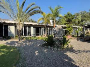 a house with a palm tree in front of it at Hotel El Texcalame in Lo de Marcos