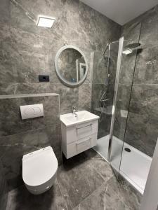 a bathroom with a toilet and a shower and a sink at Villa Maria II in Vodice