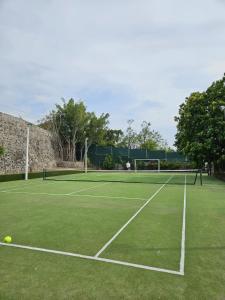 a tennis court with a tennis ball on the court at Luxury Villa by the Lake in Tequesquitengo