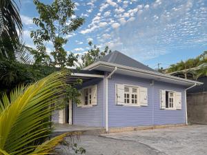 a blue house with white windows and a palm tree at Villa 6 pers Jacuzzi Centre Guadeloupe in Petit-Bourg