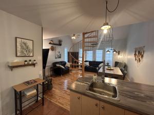 a kitchen with a sink and a living room at La Cachette in LʼAnse-Saint-Jean